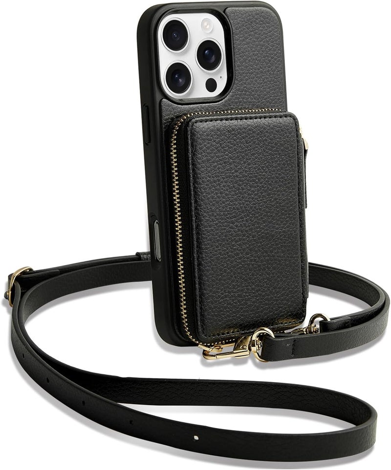 ZVE for iPhone 16 Pro Max Wallet Case, Zipper Crossbody Case with Wrist Strap Card Holder Protective Cover for Women for iPhone 16 Pro Max 6.9" Black - Image 1